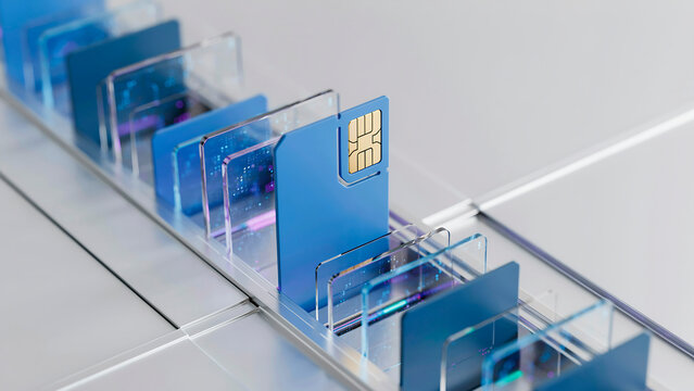 Blue SIM cards in automated production line, mobile telecommunications hardware manufacturing, industrial microchip technology for cellular network connectivity