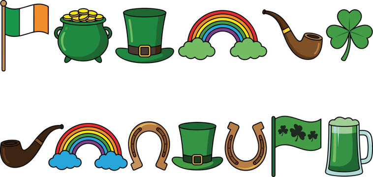 Saint Patricks Day vector illustration set featuring irish flag rainbow gold pot and green hat