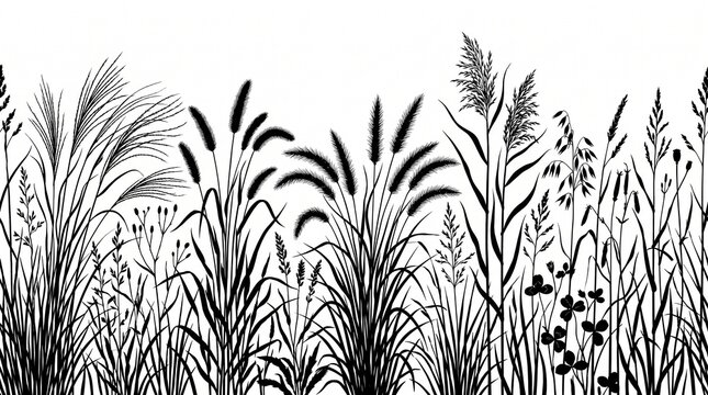 Minimalist black grass silhouettes on white background, seamless meadow border pattern, wild field plants and weeds illustration