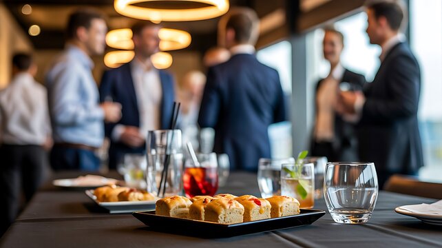 Business networking event with catering table and professionals socializing at corporate gathering