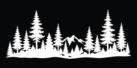 Obraz premium Pine tree forest, black silhouette, evergreen trees, landscape icon