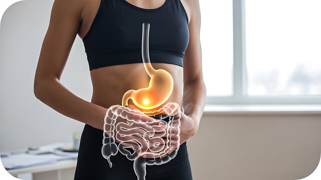 Human digestive system with highlighted stomach and intestines representing digestive health
