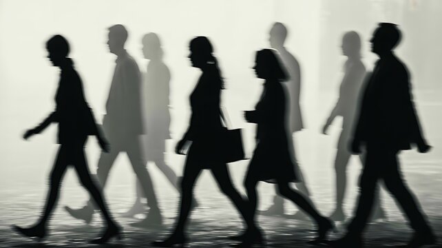 Blurred silhouette of walking people representing urban lifestyle and daily commuter movement