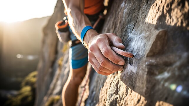  Rock climber gripping mountain cliff during outdoor adventure and extreme sport challenge