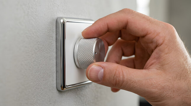 hand turning modern dimmer switch | adjusting wall light brightness | metallic rotary dial lighting control | energy efficient home lighting