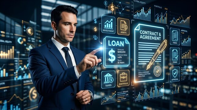 Business Professional Reviewing Digital Loan Approval Platform and Financial Services Data
