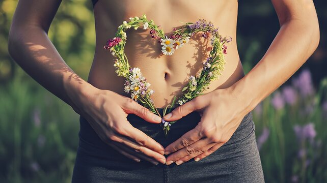 Pregnant woman holding heart shaped floral wreath over baby bump in nature