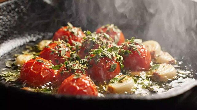 Cherry tomatoes and garlic garnished with fresh herbs