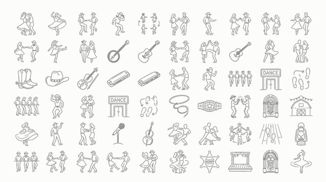 A comprehensive collection of line art icons representing various aspects of country and western music and dance culture.