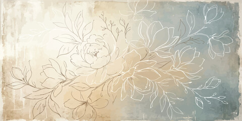 Decorative floral wall mural with embossed flower outlines on textured beige and blue-grey background embossed distressed botanical artistic wallpaper interior ornament abstract © Rosa Alba L 