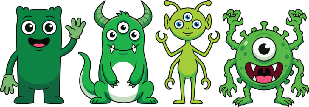 Cute green monster and alien cartoon characters collection featuring funny scary spooky fictional creatures