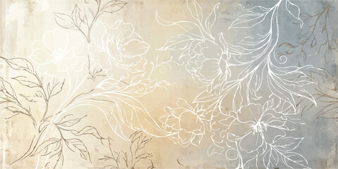 Elegant floral sketch wallpaper design on a weathered two-tone beige and grey textured wall with wallpaper background embossed distressed botanical artistic interior ornament abstract © Rosa Alba L 
