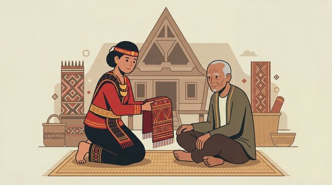 Woman presenting traditional batak toba ulos cloth to elder in cultural setting
