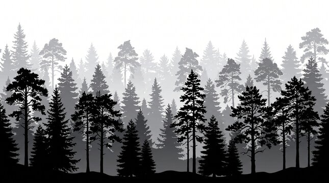 Monochrome pine forest silhouette, misty coniferous woodland background, black and white evergreen tree panorama for nature design