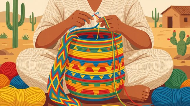 Woman weaving traditional Colombian mochila bag in desert with colorful yarn