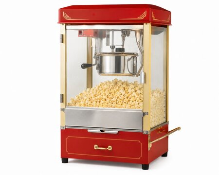 Vintage red and gold popcorn machine filled with fresh popcorn inside glass cabinet, featuring stainless kettle, chrome hardware, decorative trim, retro cinema concession display