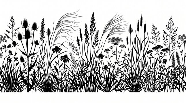 Black silhouette of meadow grass and wild flowers, seamless botanical border pattern, elegant floral line art on white background