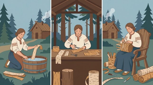 Woman crafting traditional birchbark items in rustic outdoor setting