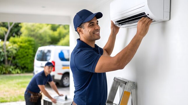Professional hvac technician installing wall mounted air conditioning unit inside modern residential home