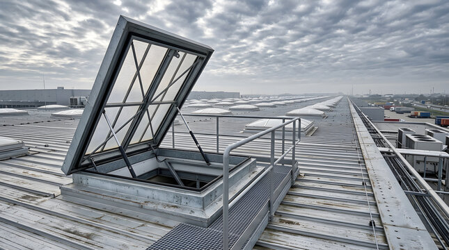 Industrial warehouse rooftop maintenance access|Commercial building skylight smoke ventilation system|Modern logistics center roof safety walkway|Metal corrugated roof with open hatch|Large scale