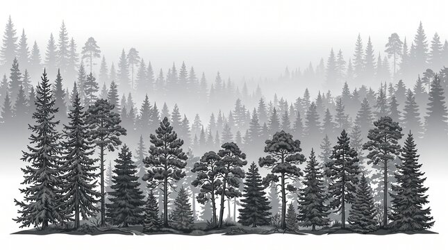 Monochrome pine forest sketch, misty coniferous woodland landscape, hand drawn evergreen trees illustration on white background