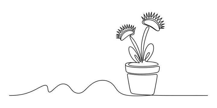 Continuous single line drawing of a venus flytrap plant in a flower pot