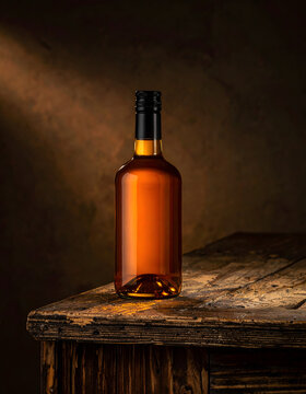 Unlabeled amber bottle standing on a distressed wooden bar creating a cozy moody atmosphere generative AI