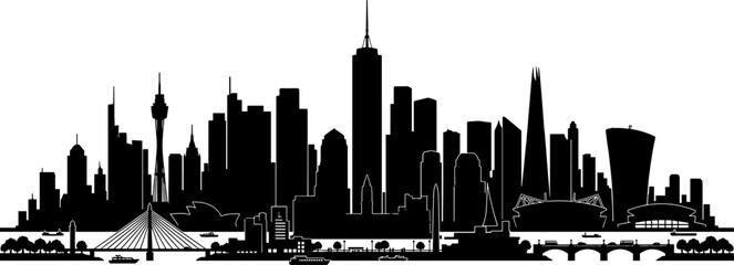 Obraz premium City skyline silhouette with modern skyscrapers and suspension bridge over calm water