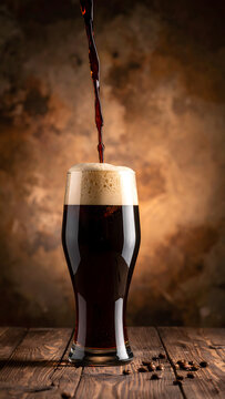 Dark stout pour with thick foam against a grunge brewery wall creating a rich mood generative AI