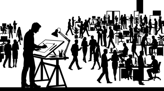 Creative design studio with architects working at drafting tables and computer desks