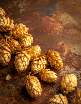 Golden hop cones resting on a rough rusty metal surface creating an earthy mood generative AI
