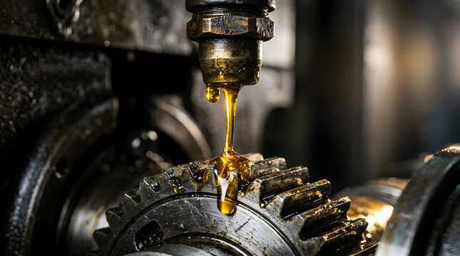 Industrial lubrication process for metal gears | Thick golden engine oil dripping on machinery | Close-up macro of mechanical gear maintenance | Heavy duty machine parts with oil lubrication