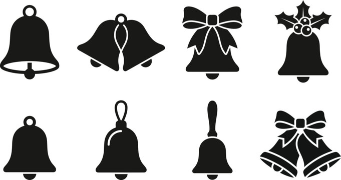 Set of various decorative christmas bells icons presented in a clean black graphic silhouette