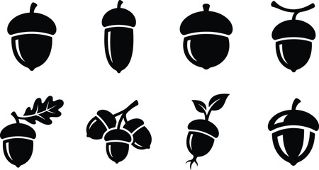 Collection of various acorn nut icons for autumn seasonal and christmas design projects silhouette © MdNazmul