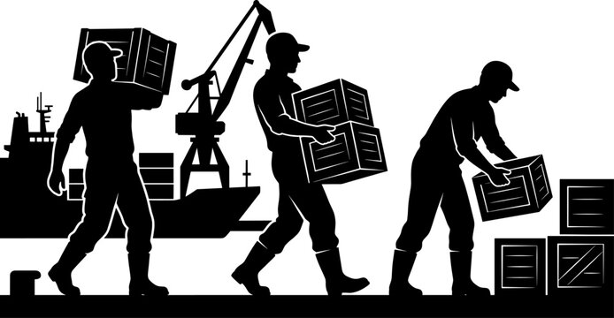 Dock workers carrying cargo boxes in shipping harbor silhouette on transparent background