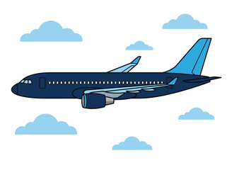 Fototapeta premium Cartoon Airplane Flying in Blue Sky with Clouds Illustration