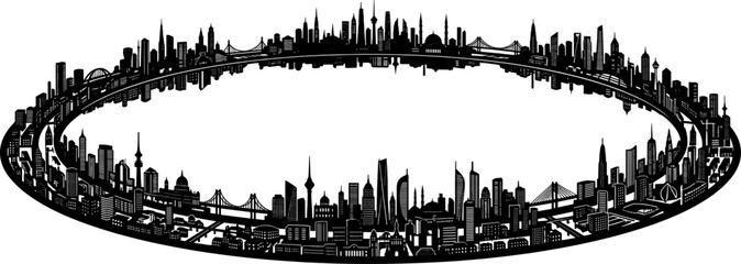 Obraz premium Elliptical city skyline forming a double ring border on a transparent background