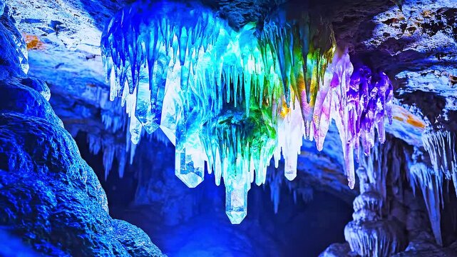 Cinematic digital render of a glowing subterranean cave featuring vibrant rainbow crystals and neon stalactites in an ethereal grotto