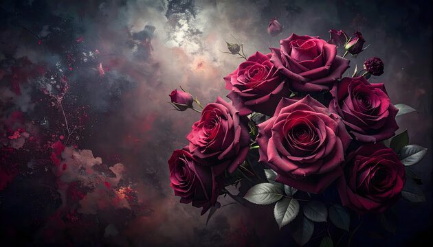 Moody dark soft grunge floral featuring deep dusty burgundy roses emerging from shadow creating a romantic mood generative AI