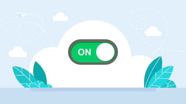 Green toggle switch button turned ON position. System activation concept, starting business process, enable power choice option, positive energy enable symbol. Flat illustration