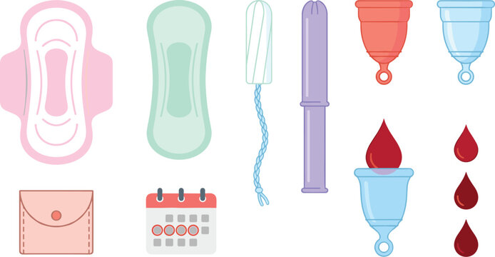 Female menstruation and feminine hygiene products vector illustration set featuring sanitary pads pantyliner tampons menstrual cups blood droplets and tracker calendar