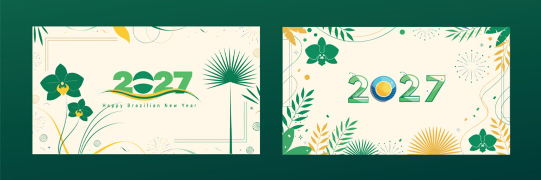 2027 year celebration design with tropical flowers and palm trees