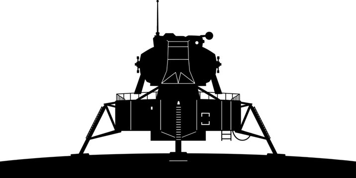 Lunar lander spacecraft silhouette standing on moon surface on transparent background