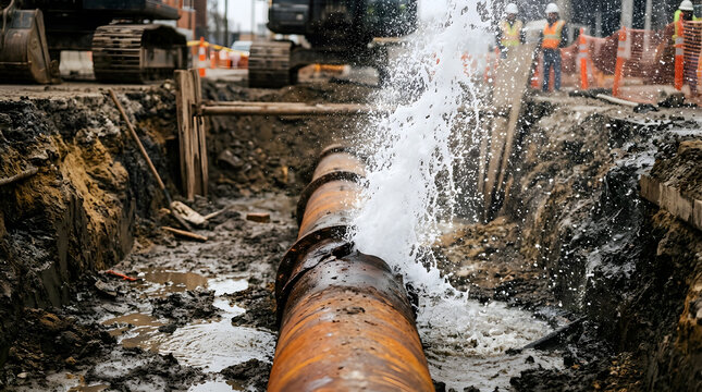 broken main water pipe repair | construction site utility line failure | underground pipe burst water gushing | city infrastructure emergency maintenance