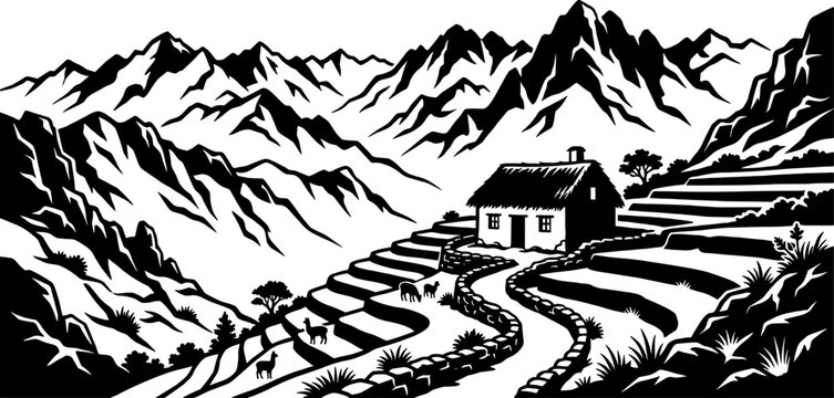 Mountain valley with terrace farming featuring a cottage and grazing llamas