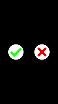 Animated pop-up green check mark and red cross X symbol on a green background. Video footage of yes or no, true or false for phone