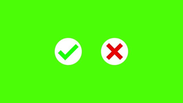 Animated pop-up green check mark and red cross X symbol on a green background. Video footage of yes or no, true or false