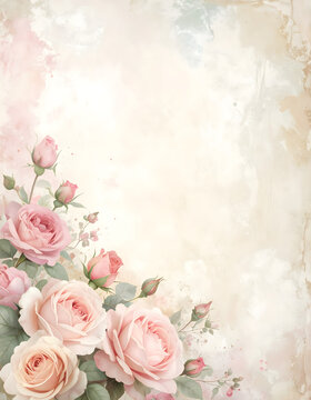 Blush roses bleeding softly into a distressed cream surface creating a romantic mood generative AI