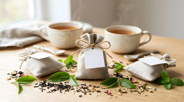 Organic loose leaf tea in burlap bags | Rustic herbal tea packaging mockup | Eco-friendly handmade tea gift set | Steaming tea cups on wooden table
