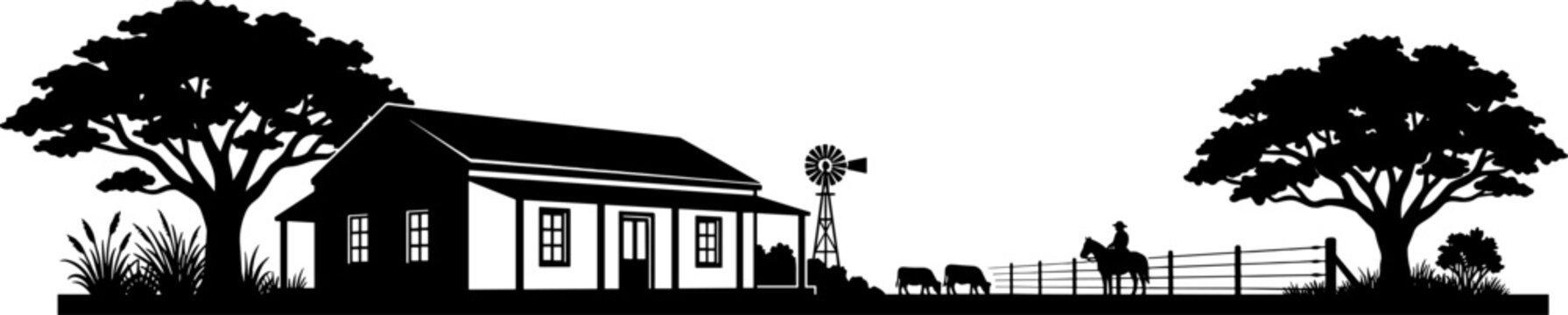 Ranch landscape silhouette showing a farmhouse windmill horse rider and grazing cows
